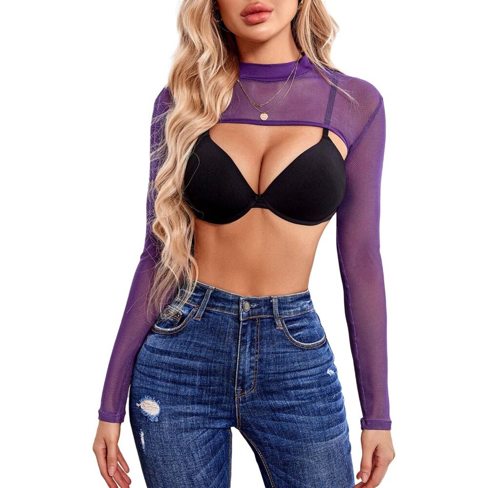 Mesh Crop Top Women Long Sleeve See Through Mock Neck Clubwear Size Large